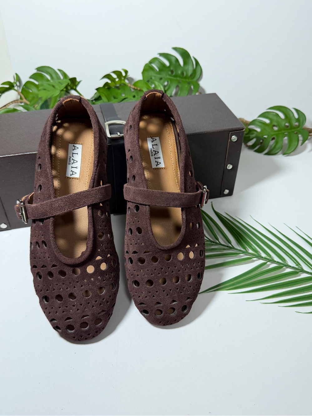 Alaia Dark Brown Perforated Suede Mary Jane Flats